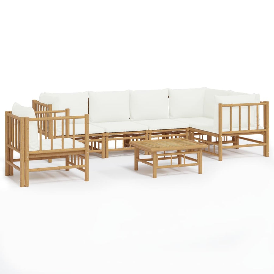 7-Delige Loungeset Met Kussens Bamboe Wit Crème 3x corner + 2x middle + table + chair