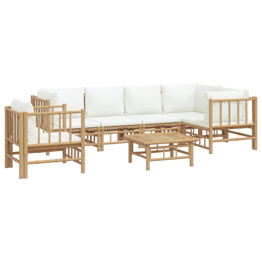 7-Delige Loungeset Met Kussens Bamboe Wit Crème 3x corner + 2x middle + table + chair