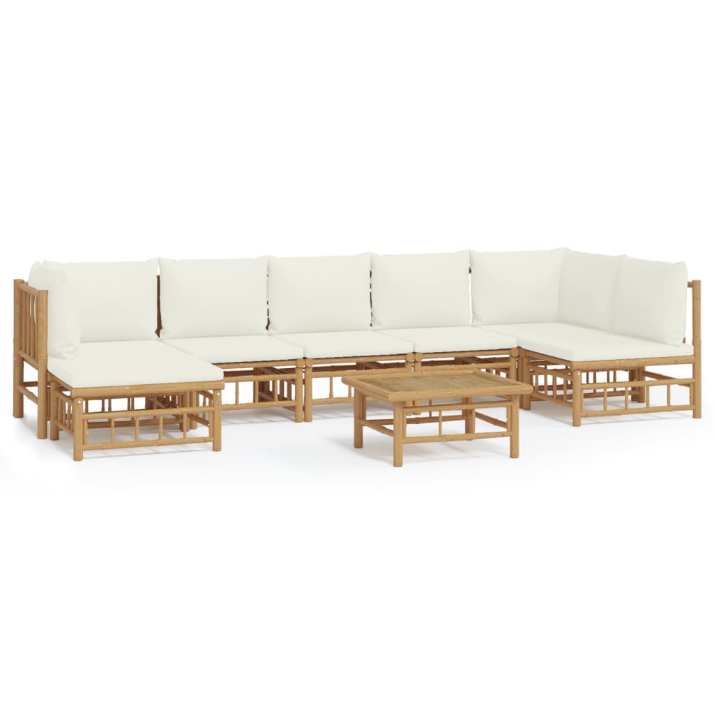 8-Delige Loungeset Met Kussens Bamboe Wit Crème 2x hoek + 4x midden + voetensteun + Tafel