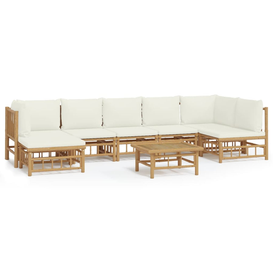 8-Delige Loungeset Met Kussens Bamboe Wit Crème 2x hoek + 4x midden + voetensteun + Tafel