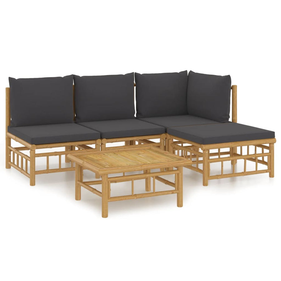 5-Delige Loungeset Met Kussens Bamboe Donkergrijs hoek + 2x midden + voetensteun + Tafel