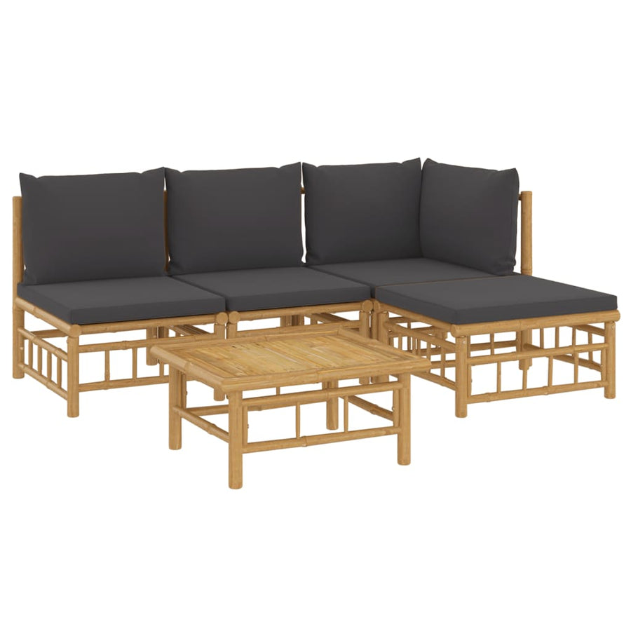 5-Delige Loungeset Met Kussens Bamboe Donkergrijs hoek + 2x midden + voetensteun + Tafel