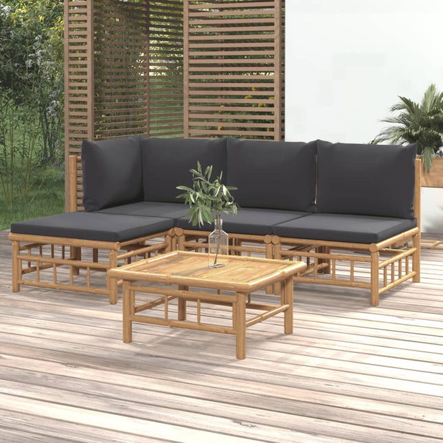 5-Delige Loungeset Met Kussens Bamboe Donkergrijs hoek + 2x midden + voetensteun + Tafel