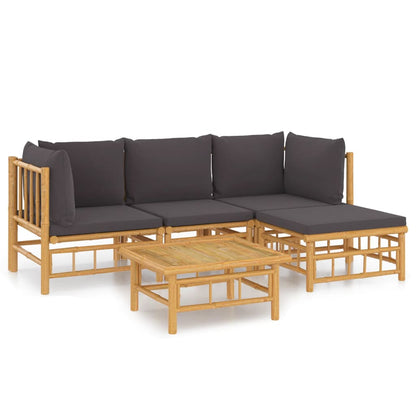5-Delige Loungeset Met Kussens Bamboe Donkergrijs 2x hoek + midden + voetensteun + Tafel