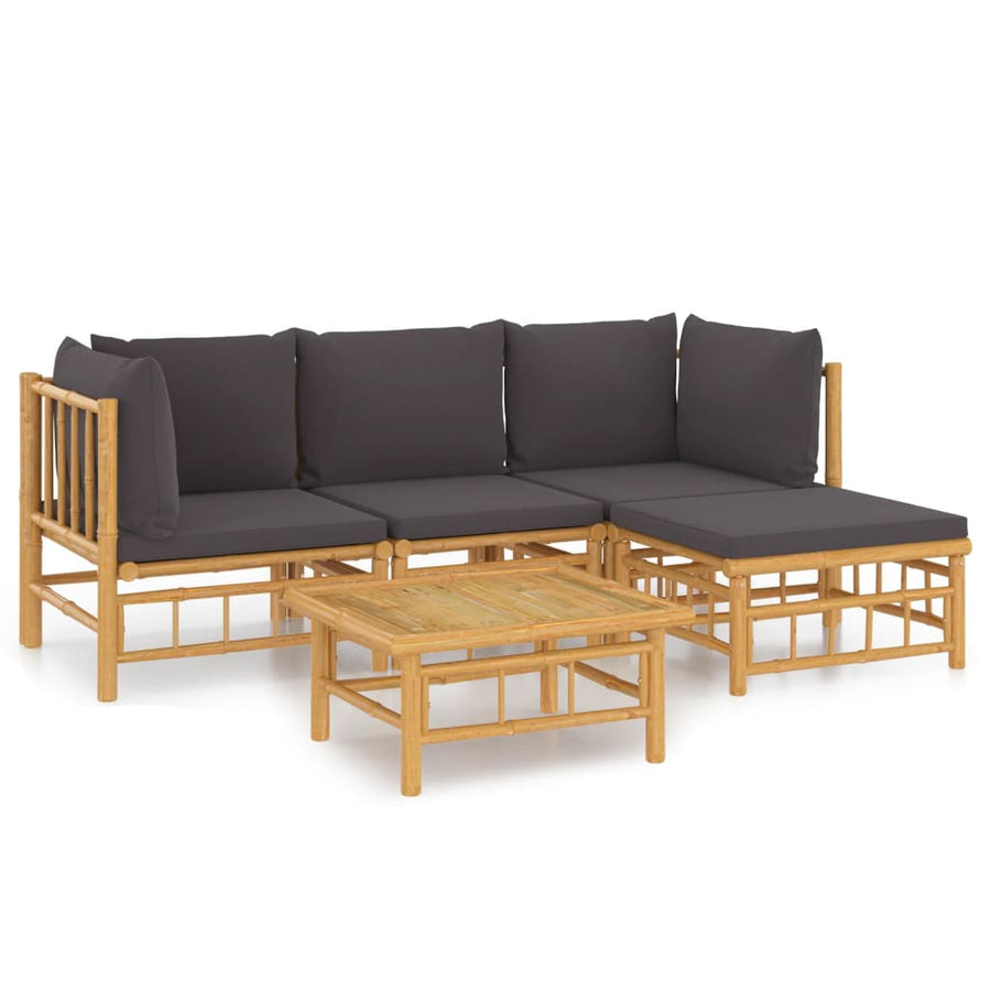 5-Delige Loungeset Met Kussens Bamboe Donkergrijs 2x hoek + midden + voetensteun + Tafel