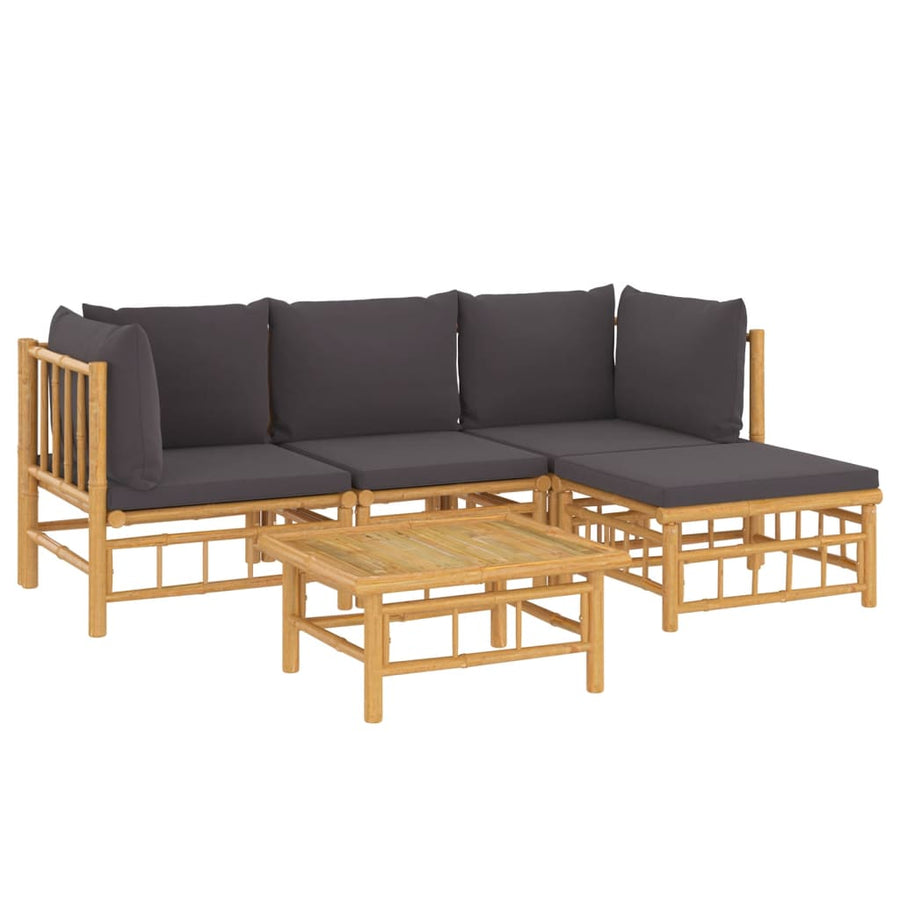 5-Delige Loungeset Met Kussens Bamboe Donkergrijs 2x hoek + midden + voetensteun + Tafel