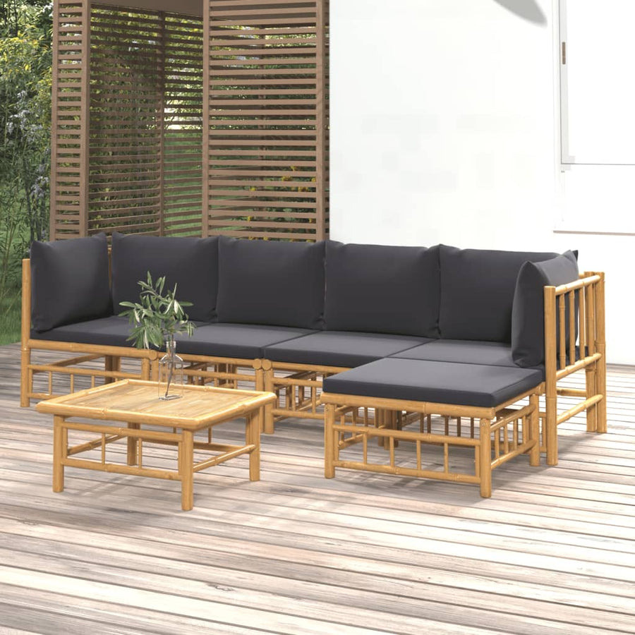 6-Delige Loungeset Met Kussens Bamboe Donkergrijs 2x hoek + 2x midden + voetensteun + Tafel