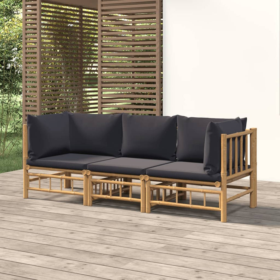 3-Delige Loungeset Met Kussens Bamboe Donkergrijs 2x hoek + midden