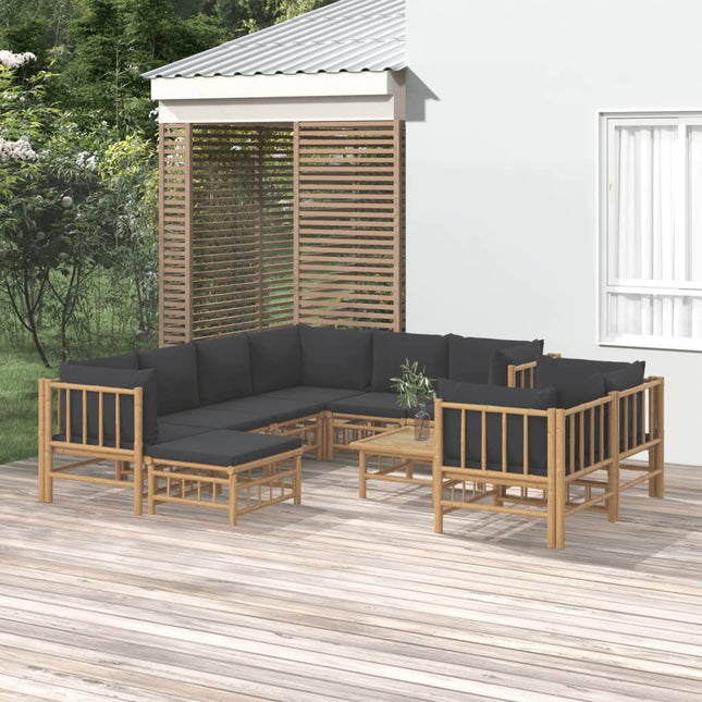 0-Delige Loungeset Met Kussens Bamboe Donkergrijs 5x hoek + 3x midden + voetensteun + Tafel