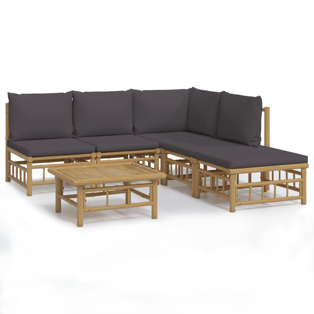 6-Delige Loungeset Met Kussens Bamboe Donkergrijs hoek + 3x midden + voetensteun + Tafel
