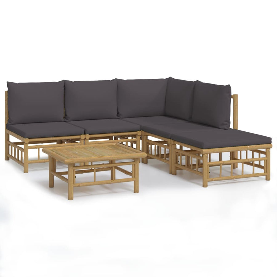 6-Delige Loungeset Met Kussens Bamboe Donkergrijs hoek + 3x midden + voetensteun + Tafel