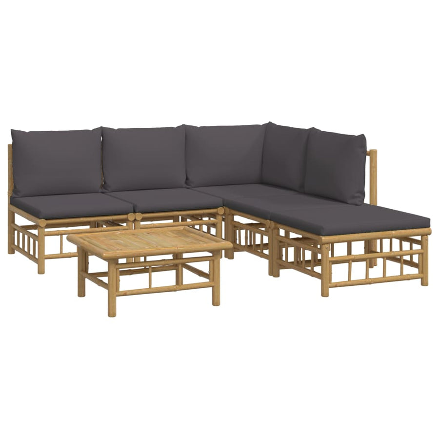 6-Delige Loungeset Met Kussens Bamboe Donkergrijs hoek + 3x midden + voetensteun + Tafel