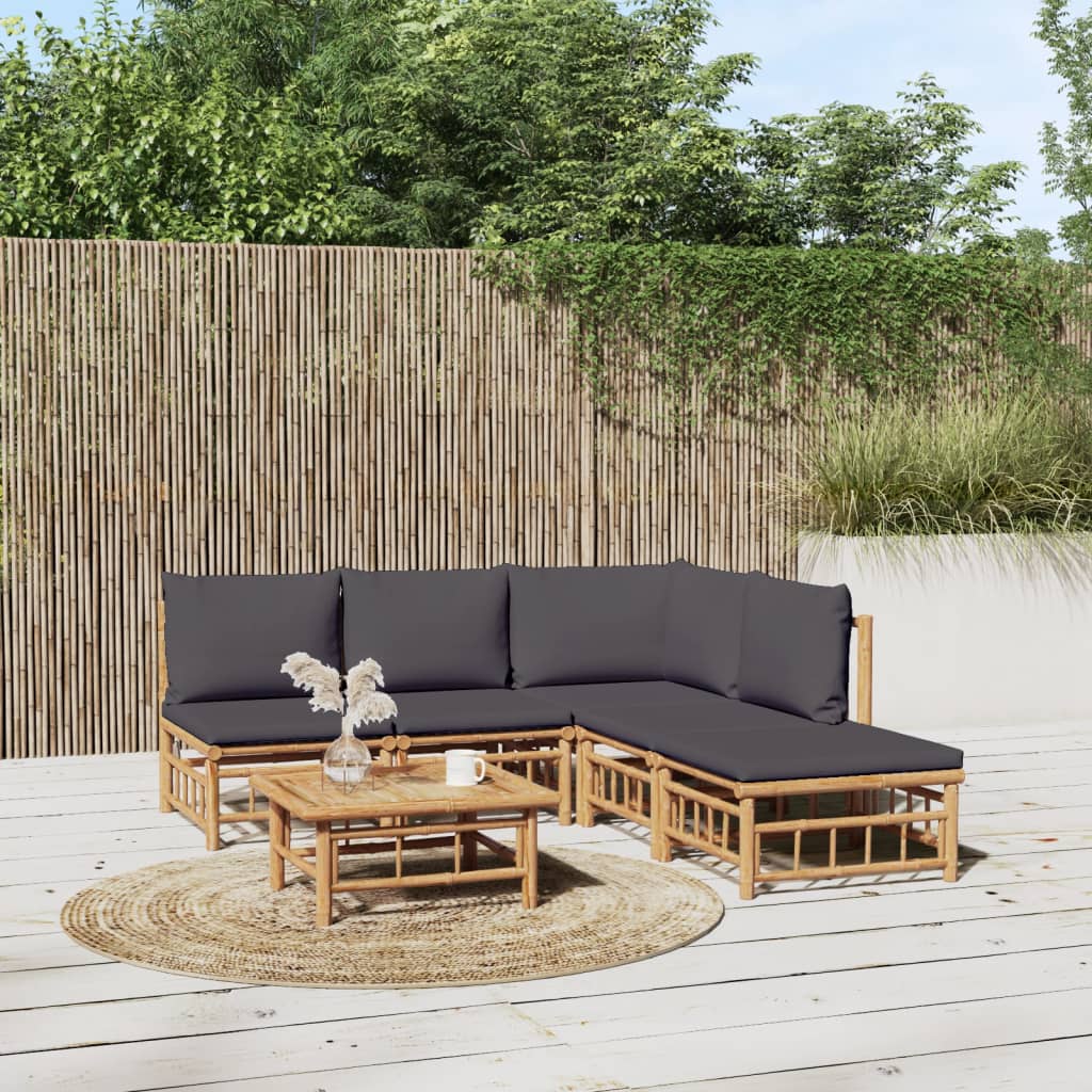 6-Delige Loungeset Met Kussens Bamboe Donkergrijs hoek + 3x midden + voetensteun + Tafel