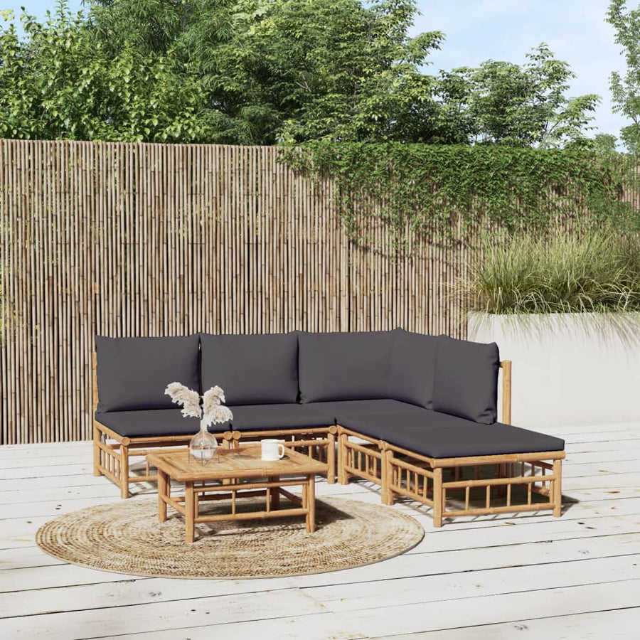 6-Delige Loungeset Met Kussens Bamboe Donkergrijs hoek + 3x midden + voetensteun + Tafel