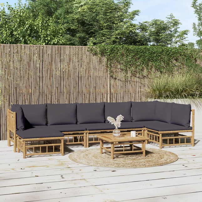 8-Delige Loungeset Met Kussens Bamboe Donkergrijs 2x hoek + 4x midden + voetensteun + Tafel