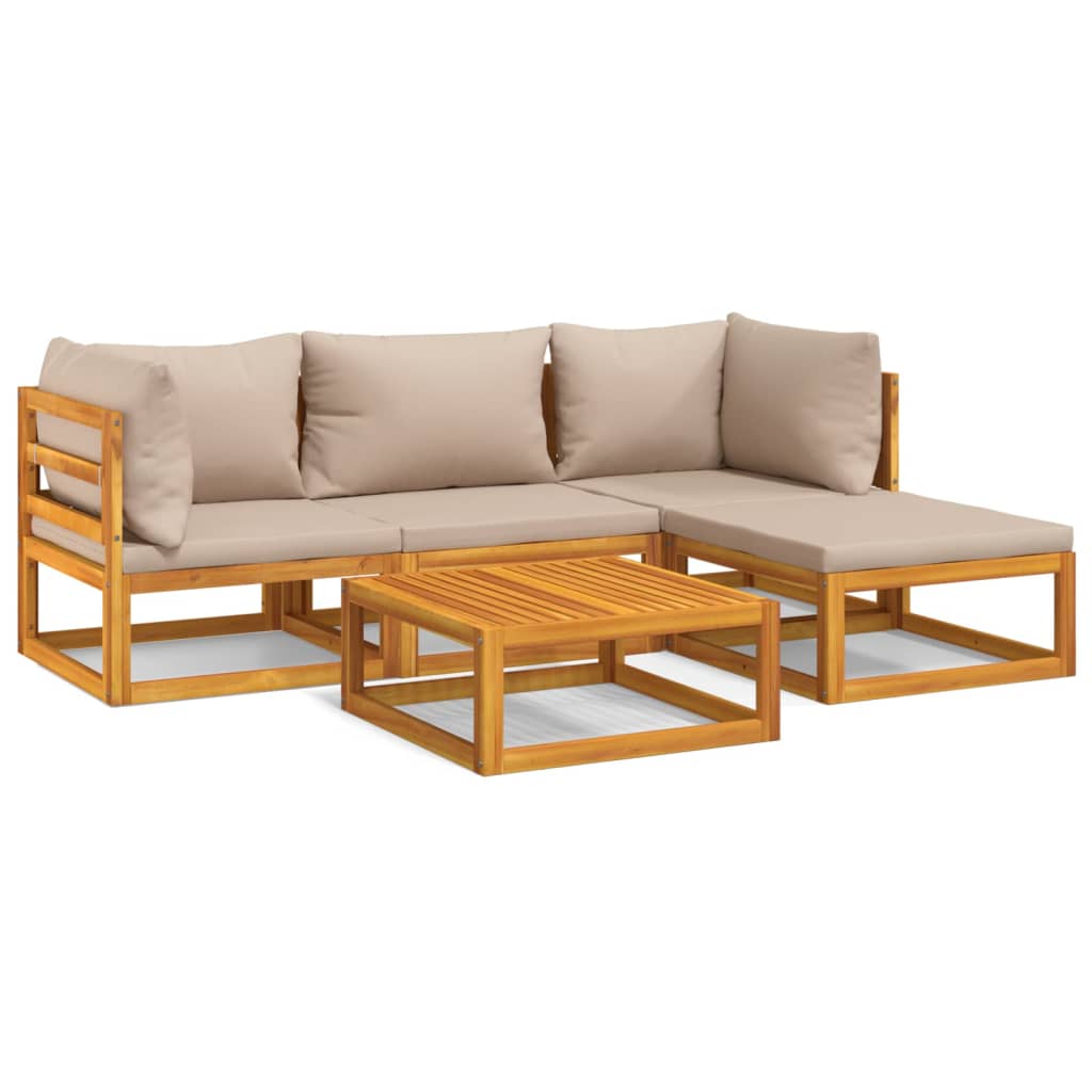 5-Delige Loungeset Met Kussens Massief Hout Taupe 2x hoek + midden + voetensteun + Tafel