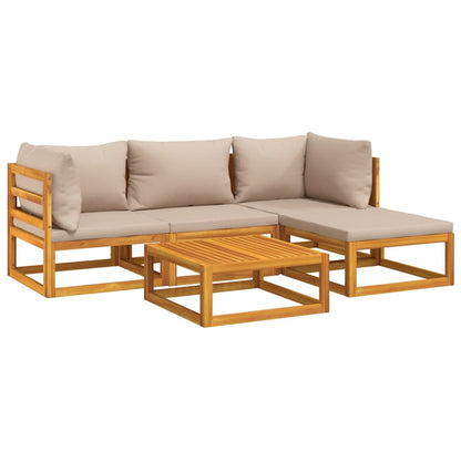 5-Delige Loungeset Met Kussens Massief Hout Taupe 2x hoek + midden + voetensteun + Tafel