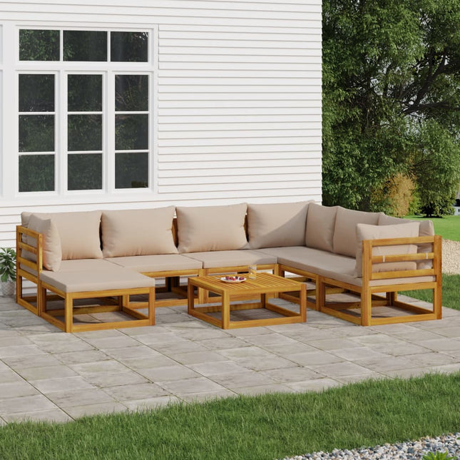 8-Delige Loungeset Met Kussens Massief Hout Taupe 3x hoek + 3x midden + voetensteun + Tafel