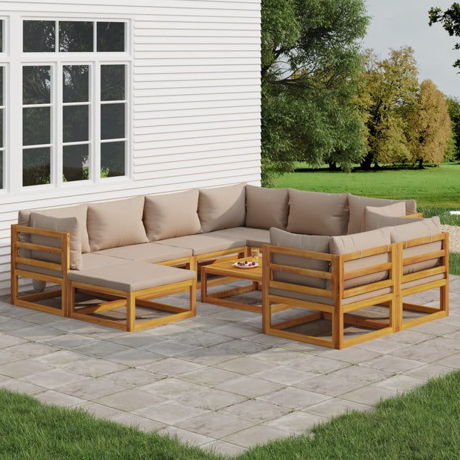 0-Delige Loungeset Met Kussens Massief Hout Taupe 5x hoek + 3x midden + voetensteun + Tafel