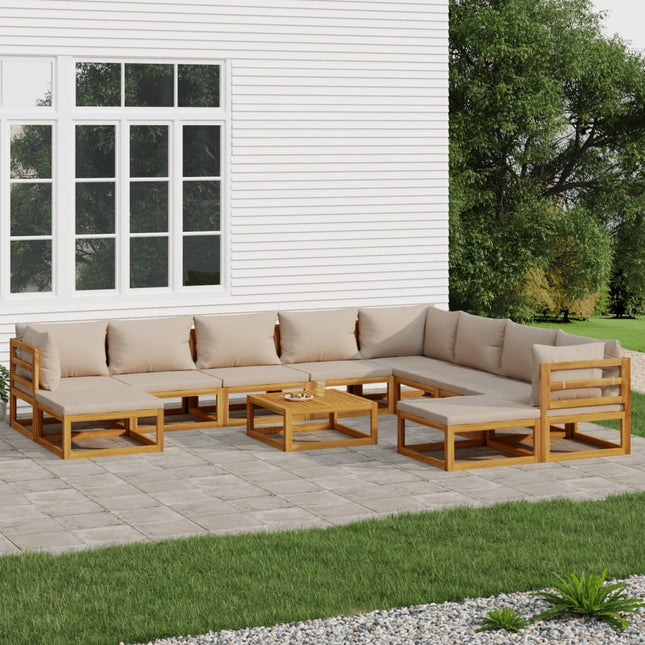 -Delige Loungeset Met Kussens Massief Hout Taupe 3x hoek + 5x midden + 2x voetensteun + Tafel