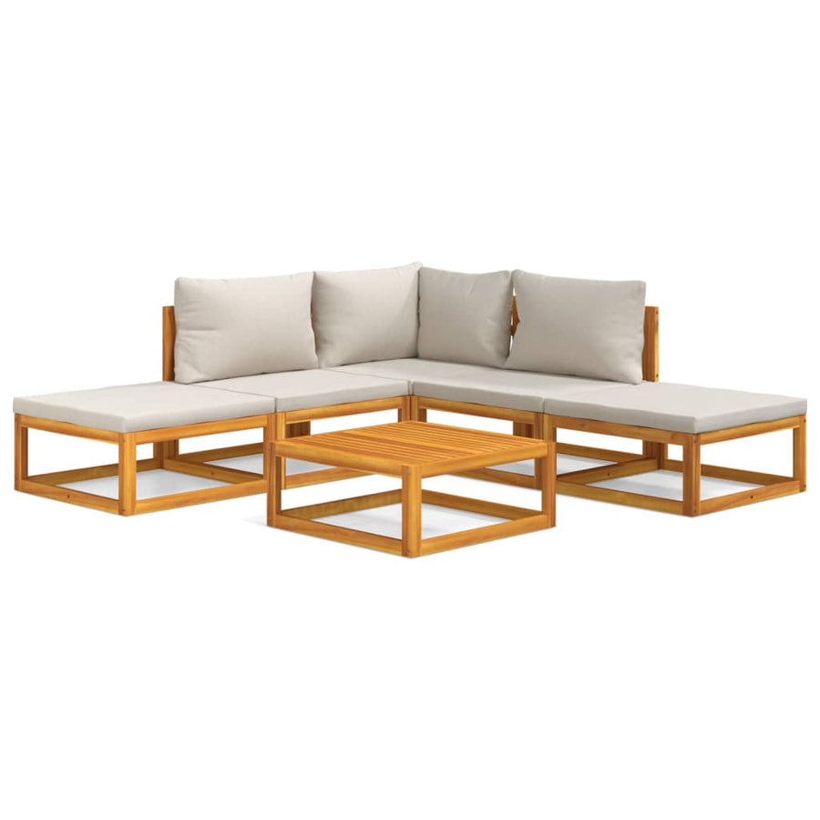 6-Delige Loungeset Met Lichtgrijze Kussens Massief Hout Lichtgrijs hoek + 2x midden + 2x voetensteun + Tafel