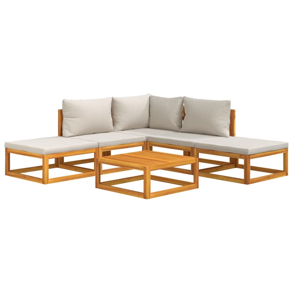 6-Delige Loungeset Met Lichtgrijze Kussens Massief Hout Lichtgrijs hoek + 2x midden + 2x voetensteun + Tafel