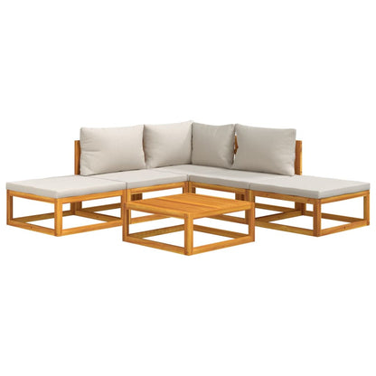6-Delige Loungeset Met Lichtgrijze Kussens Massief Hout Lichtgrijs hoek + 2x midden + 2x voetensteun + Tafel