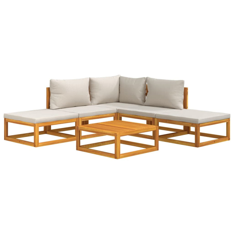 6-Delige Loungeset Met Lichtgrijze Kussens Massief Hout Lichtgrijs hoek + 2x midden + 2x voetensteun + Tafel