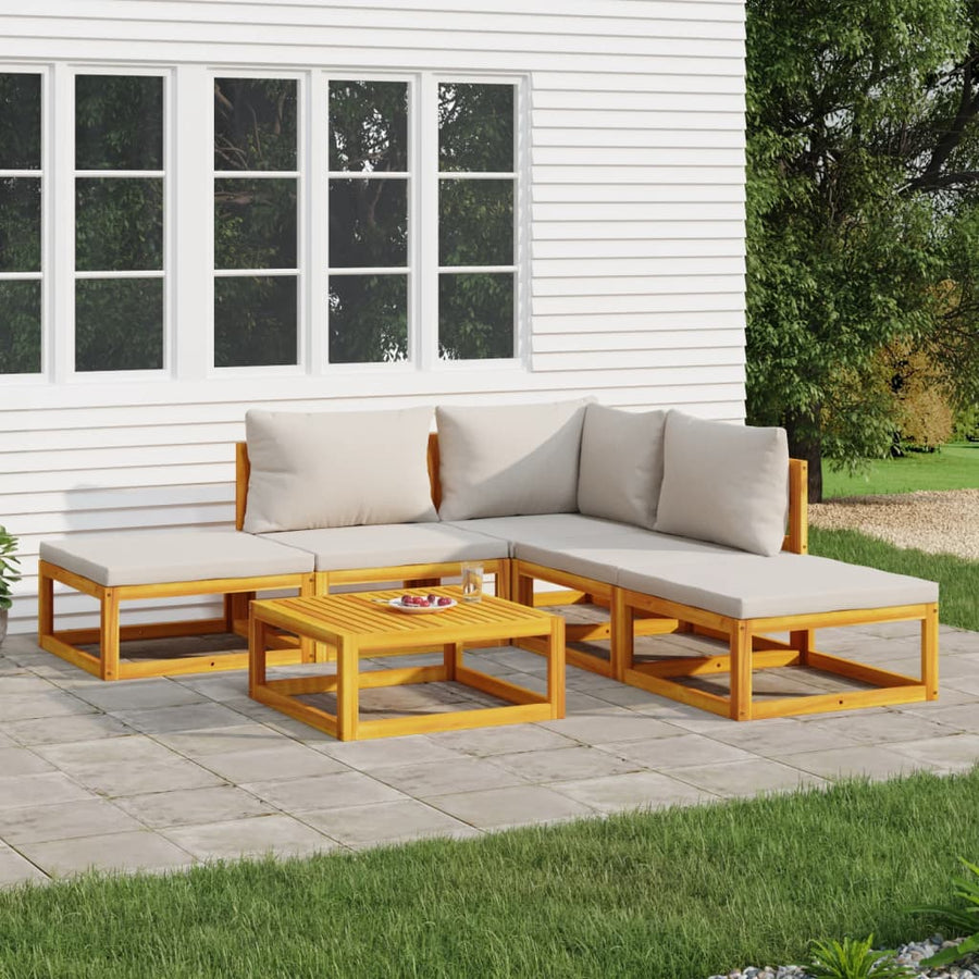 6-Delige Loungeset Met Lichtgrijze Kussens Massief Hout Lichtgrijs hoek + 2x midden + 2x voetensteun + Tafel