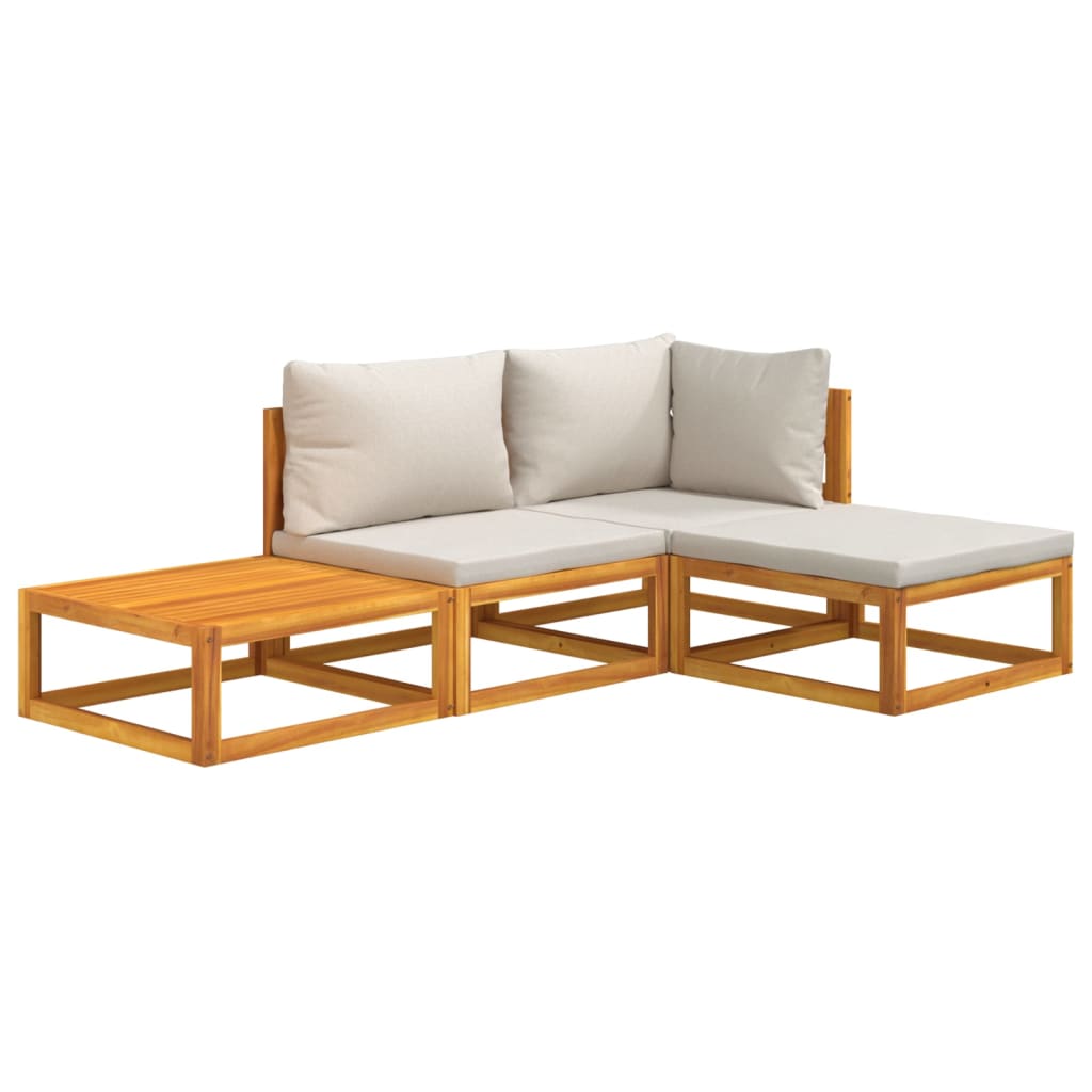 4-Delige Loungeset Met Lichtgrijze Kussens Massief Hout Lichtgrijs hoek + midden + voetensteun + Tafel