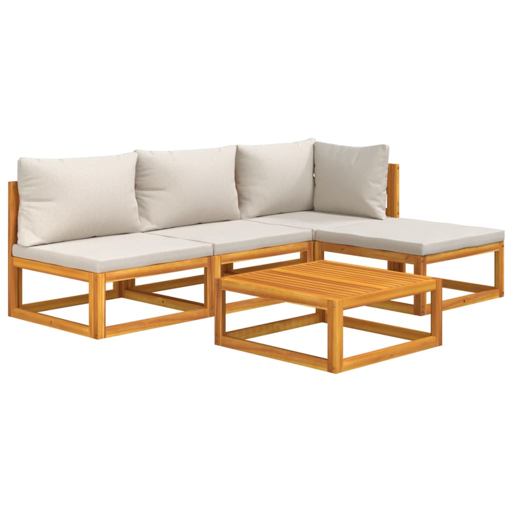 5-Delige Loungeset Met Lichtgrijze Kussens Massief Hout Lichtgrijs hoek + 2x midden + voetensteun + Tafel