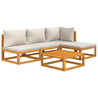 5-Delige Loungeset Met Lichtgrijze Kussens Massief Hout Lichtgrijs hoek + 2x midden + voetensteun + Tafel
