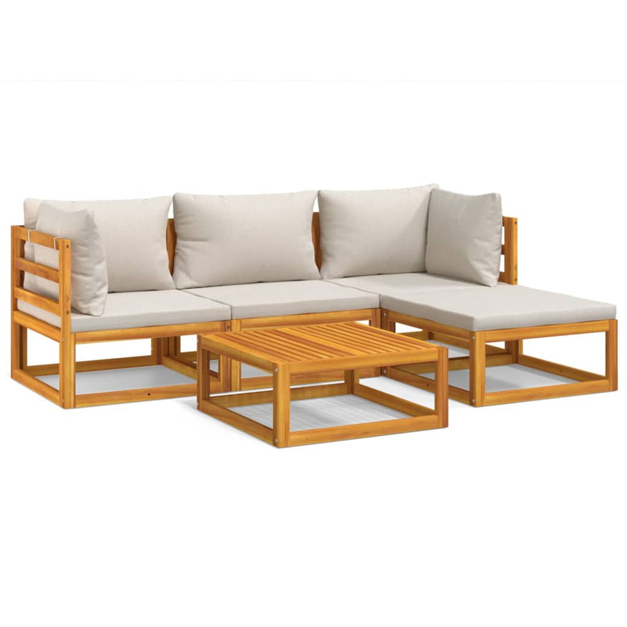 5-Delige Loungeset Met Lichtgrijze Kussens Massief Hout Lichtgrijs 2x hoek + midden + voetensteun + Tafel