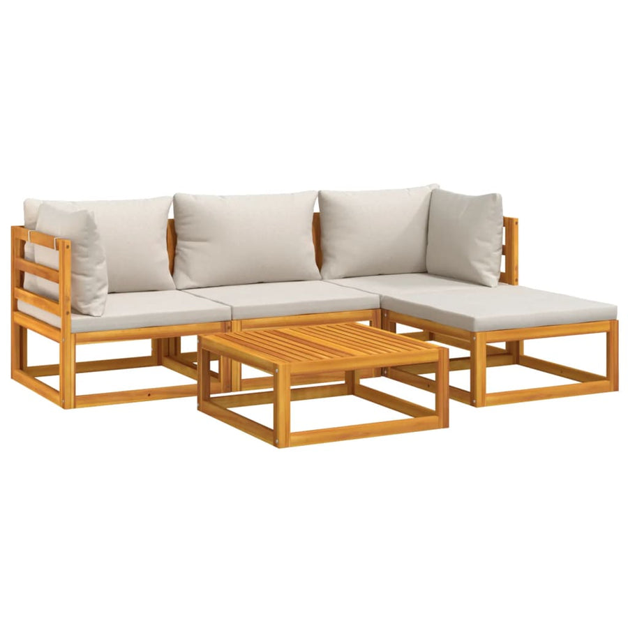 5-Delige Loungeset Met Lichtgrijze Kussens Massief Hout Lichtgrijs 2x hoek + midden + voetensteun + Tafel