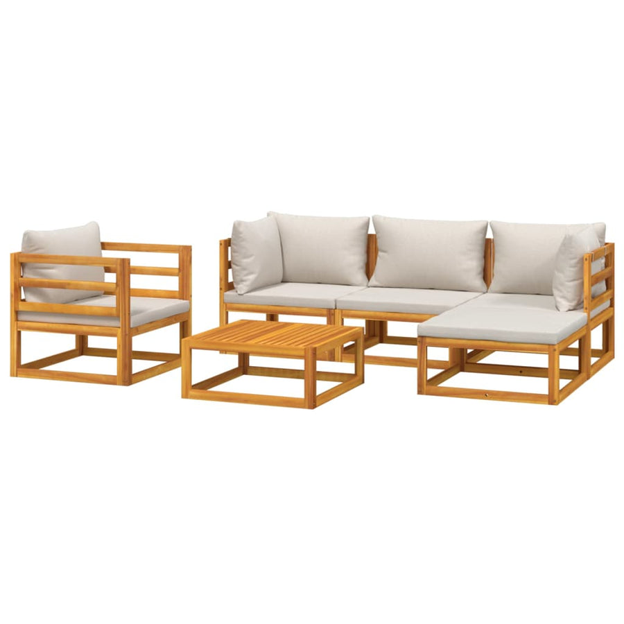 6-Delige Loungeset Met Lichtgrijze Kussens Massief Hout Lichtgrijs 2x corner + middle + chair + footrest + table