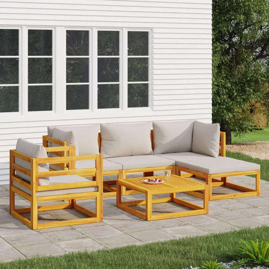6-Delige Loungeset Met Lichtgrijze Kussens Massief Hout Lichtgrijs 2x corner + middle + chair + footrest + table