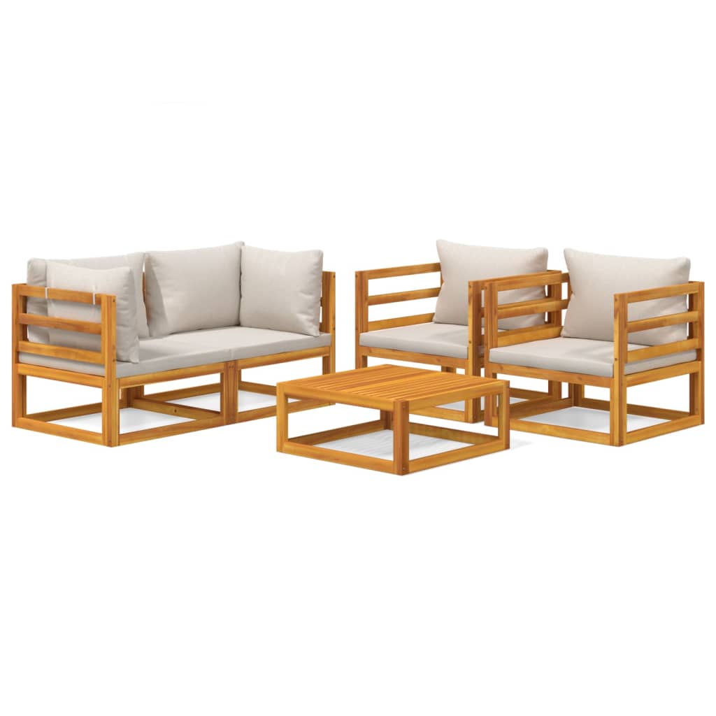 5-Delige Loungeset Met Lichtgrijze Kussens Massief Hout Lichtgrijs 2x corner + 2x chair + table