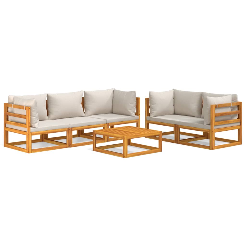 6-Delige Loungeset Met Lichtgrijze Kussens Massief Hout Lichtgrijs 4x hoek + midden + Tafel