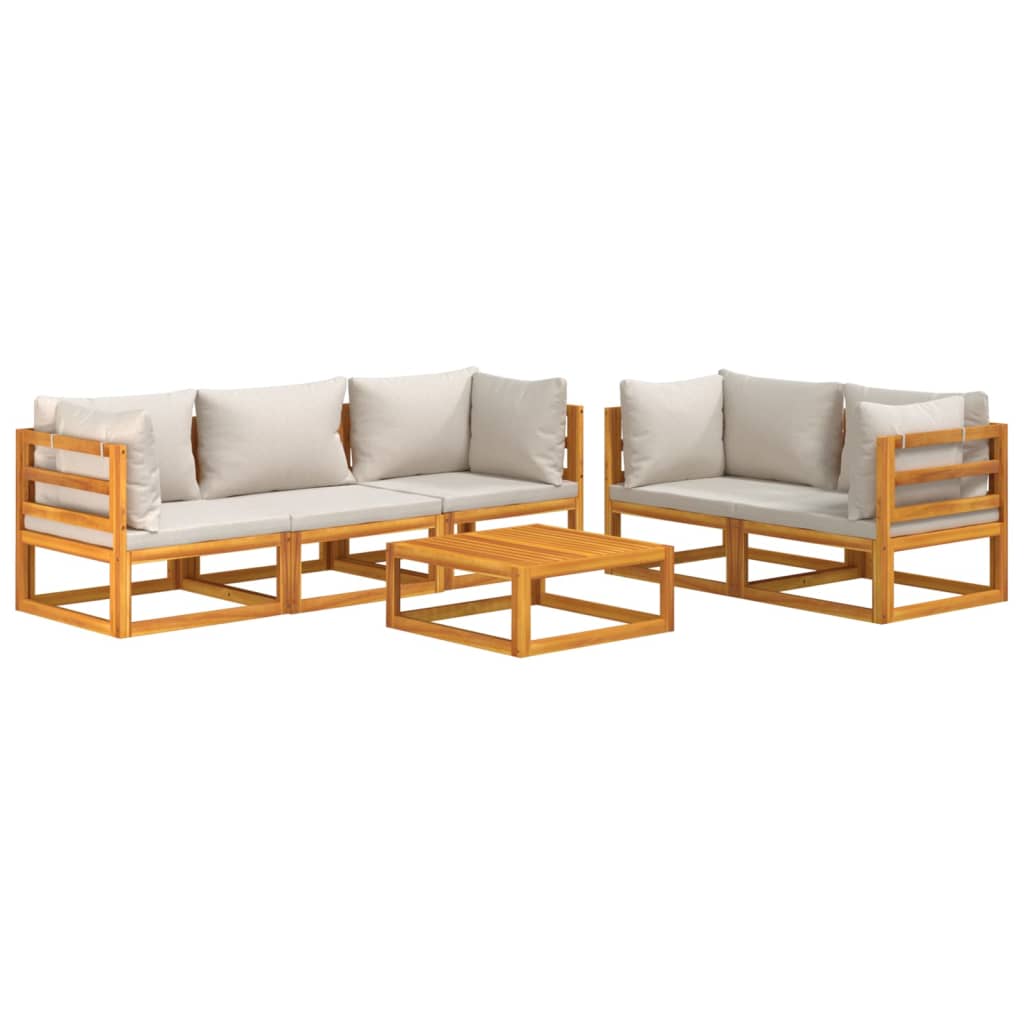 6-Delige Loungeset Met Lichtgrijze Kussens Massief Hout Lichtgrijs 4x hoek + midden + Tafel
