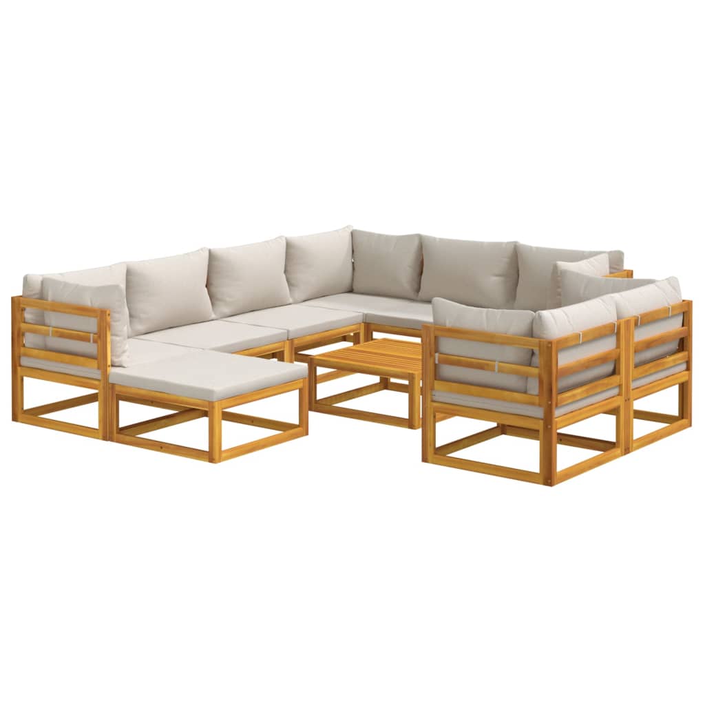 0-Delige Loungeset Met Lichtgrijze Kussens Massief Hout Lichtgrijs 5x hoek + 3x midden + voetensteun + Tafel