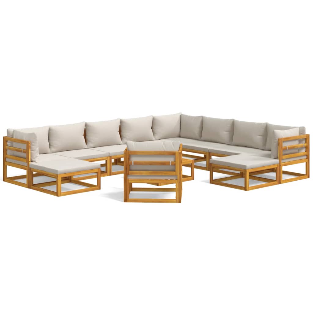 2-Delige Loungeset Met Lichtgrijze Kussens Massief Hout Lichtgrijs 3x corner + 5x middle + chair + 2x footrest + table