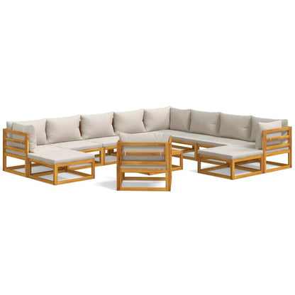 2-Delige Loungeset Met Lichtgrijze Kussens Massief Hout Lichtgrijs 3x corner + 5x middle + chair + 2x footrest + table