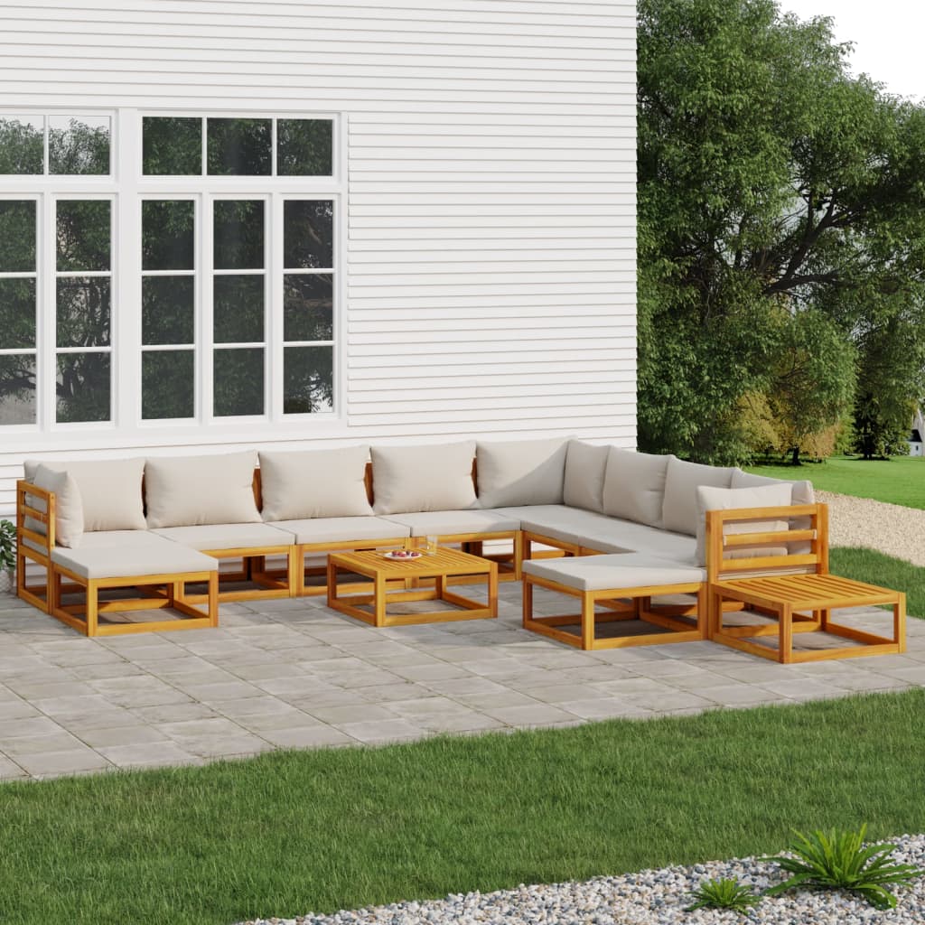 2-Delige Loungeset Met Lichtgrijze Kussens Massief Hout Lichtgrijs 3x hoek + 5x midden + 2x voetensteun + 2x Tafel
