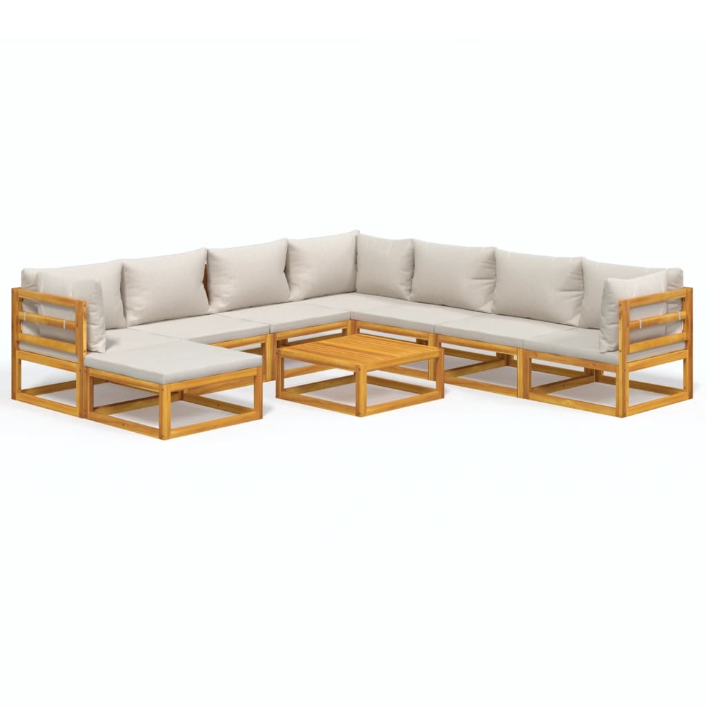 9-Delige Loungeset Met Lichtgrijze Kussens Massief Hout Lichtgrijs 3x hoek + 4x midden + voetensteun + Tafel