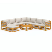 9-Delige Loungeset Met Lichtgrijze Kussens Massief Hout Lichtgrijs 3x hoek + 4x midden + voetensteun + Tafel