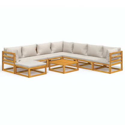 9-Delige Loungeset Met Lichtgrijze Kussens Massief Hout Lichtgrijs 3x hoek + 4x midden + voetensteun + Tafel