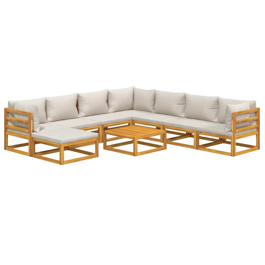 9-Delige Loungeset Met Lichtgrijze Kussens Massief Hout Lichtgrijs 3x hoek + 4x midden + voetensteun + Tafel