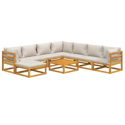 9-Delige Loungeset Met Lichtgrijze Kussens Massief Hout Lichtgrijs 3x hoek + 4x midden + voetensteun + Tafel