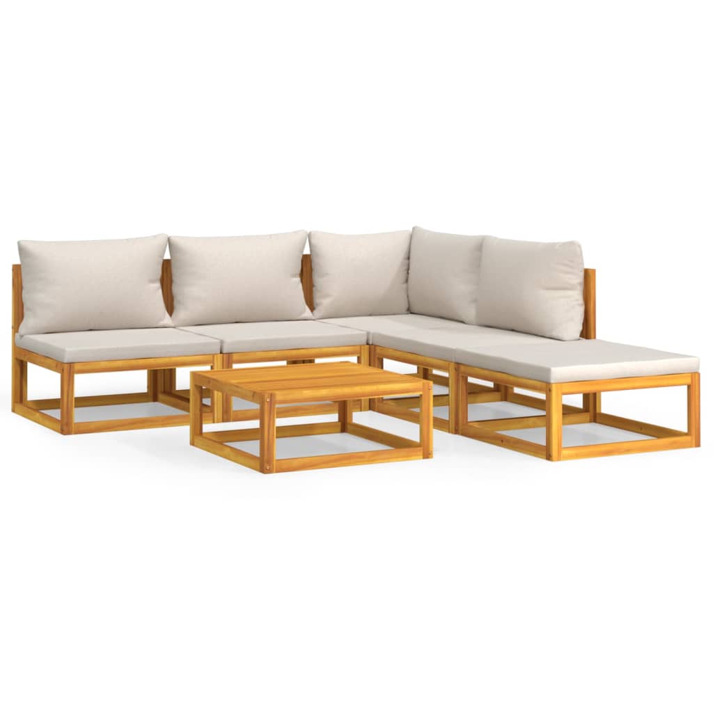 6-Delige Loungeset Met Lichtgrijze Kussens Massief Hout Lichtgrijs hoek + 3x midden + voetensteun + Tafel