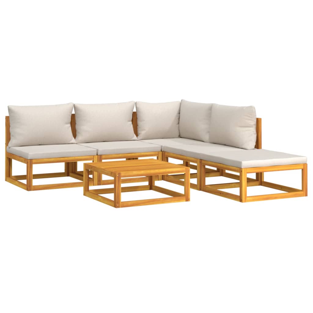 6-Delige Loungeset Met Lichtgrijze Kussens Massief Hout Lichtgrijs hoek + 3x midden + voetensteun + Tafel